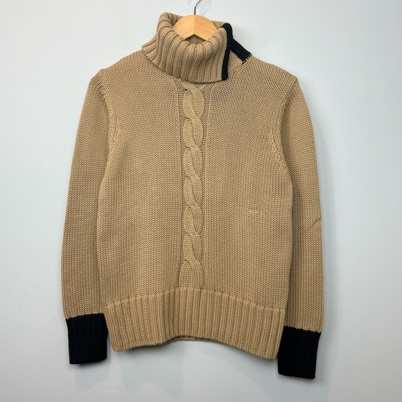 Cleo Cable Knit Split Turtleneck Sweater Camel Navy Trim Cozy Knit - Picture 2 of 11